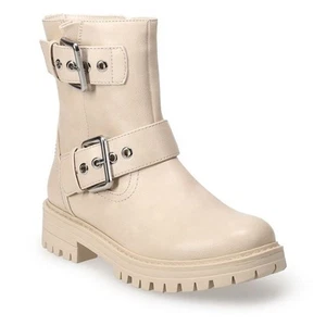 NEW SO IVORY CREAM CHELSEA COMBAT BOOTS WITH SILVER BUCKLES SZ 8.5 - Picture 1 of 8