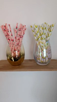 25 Pink Red Strawberry Flower or Yellow Lemon Paper Drinking Straws Summer Party - Image 1 of 4