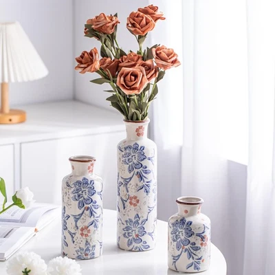 Juego de 3 jarrones de cerámica azul y blanco, florero de cerámica azul vintage, lejos... Foto 1 de 4