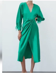 Zara Midi Dress Womens Green Silk Satin Ostrich Feather Long Sleeve L - Picture 1 of 10