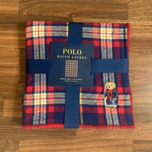 Polo Ralph Lauren Polo Bear NEW 50x 70” Red Blue Plaid Soft Cotton throw Blanket - Picture 1 of 7