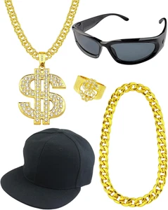 5 Pack Hip Hop Costume Kit Rapper Accessories 2000S 80S 90S Outfit Fake Gold - Picture 1 of 12