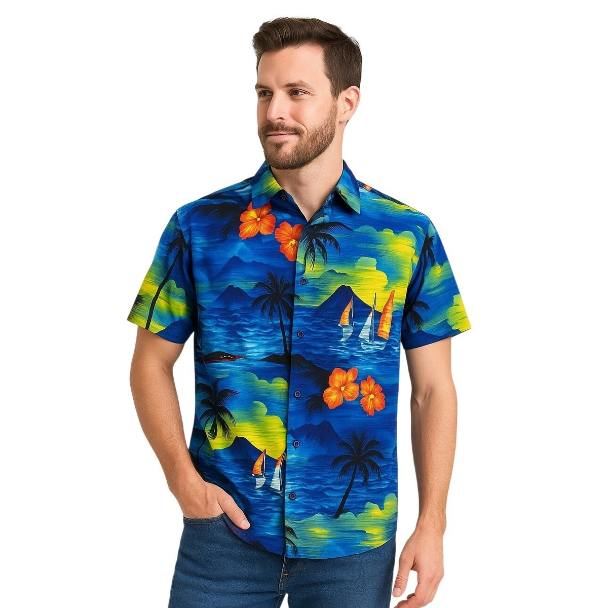 LA Leela Men's Hawaiian Shirt - Navy Blue Solid Casual Button-Down With Pocket (XL Relaxed Fit)