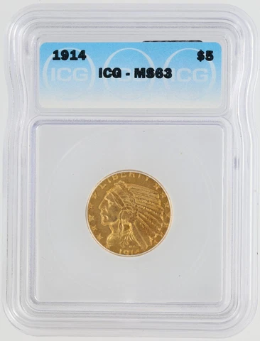 1914 Half Eagle ICG MS63 $5 Philadelphia Minted Indian Head Gold Coin Cover