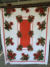 Vintage Retro Christmas Tablecloth Rectangular Poinsettias Bells Holly