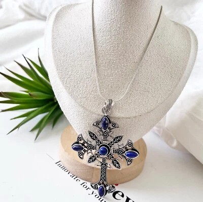 925 Sterling Silver Lapis Lazuli Cross Necklace Gemstone Jewelry Handmade Womens - Image 1 of 4