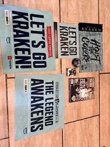 Seattle Kraken Playoff home Game 3 & 4 rally towel, game 4 puck, flag, sign 4/24 - Picture 1 of 8
