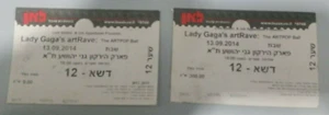 LADY GAGA Art Rave, ARTPOP BALL USED TICKETS  2014   HEBREW ISRAELI  - Picture 1 of 1