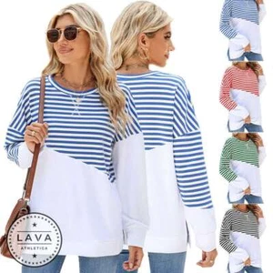 Women's Autumn Casual Contrast Striped Sweater Crew Neck Top Long Sleeve T-shirt - Picture 1 of 16