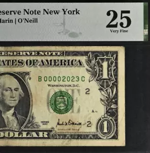 2001 $1 Federal Reserve Note PMG 25 wanted Birthday Low serial Number 00002023 - Picture 1 of 3