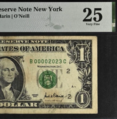 2001 $1 Federal Reserve Note PMG 25 wanted Birthday Low serial Number 00002023 - Image 1 of 3
