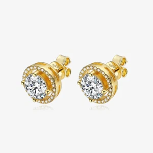 D Color VVS1 Full Moissanite Halo Stud Earrings S925 Silver Yellow Gold Plated - Picture 1 of 15
