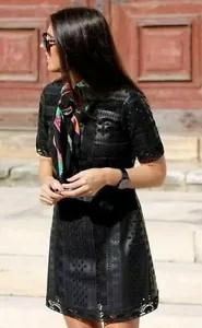 ZARA SHORT DRESS BLACK FAUX LEATHER EMBROIDERED CROCHET DRESS SIZE XS NEW - Picture 1 of 11