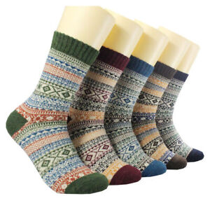 5 Pairs Wool Socks for Women Men Vintage Winter Warm Thick Cozy Socks