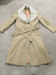 VTG USA Union Made Women's Coat Light Tan Wool Fur Collar M L Montgomery Ward