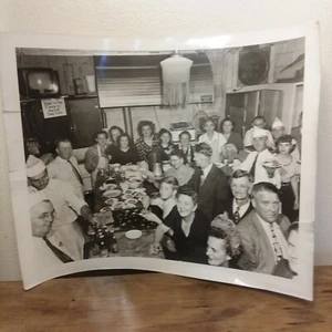 Vintage Photo Bar Dinner Burger Beer Celebration People Photograph Black White - Picture 1 of 3
