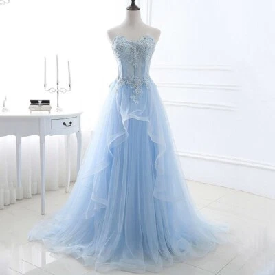 Шикарный синий без бретелек свадебные платья тюль аппликация Sweetheart платье без рукавов - Изображение 1 из 4