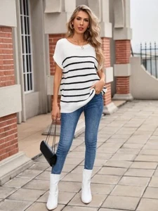 Womens Oversized Lightweight Cute Striped Sweater Vest Spring 2025 Crewneck M - Picture 1 of 6