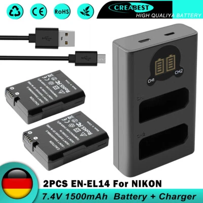 CREABEST 2x EN-EL14 EL14a Batería y Cargador Dual Para Nikon D3100 D3200 D5100 D5200 P7000
