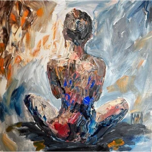 Original Impasto Seated Woman Abstract Textured Figure Painting Canvas 18" - Picture 1 of 2