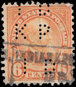 US Stamp #638- 1926-28 6¢ James A. Garfield, Good NH Used, ID/CP Perfin I031 - Picture 1 of 2