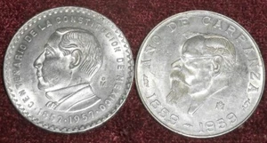 2 BU 1957 & 1959 MEXICO .720 SILVER SCARCE 5 PESO TYPES: JUAREZ or CARRANZA ! - Picture 1 of 2