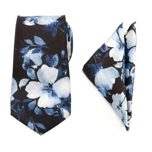 Painted Floral Blue Necktie and Pocket Square Gift Set - Picture 1 of 9