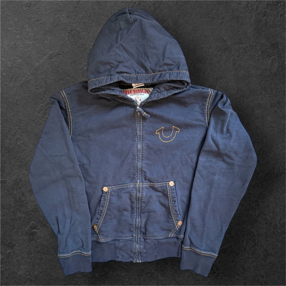 Moletom com capuz True Religion masculino 2XL azul marinho com zíper grande costura T manga longa - Imagem 1 de 4