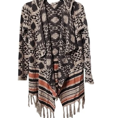 Hooded BOHO Cardigan Woman Tunic Geometric Aztec Fringe Beige Gray Orange Size L - Image 1 of 3