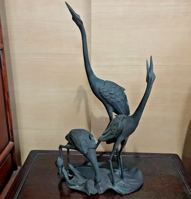 Antigua estatua de pájaro grulla de bronce grande 18,5 pulgadas era japonesa Meiji escultura decoración Foto 1 de 4