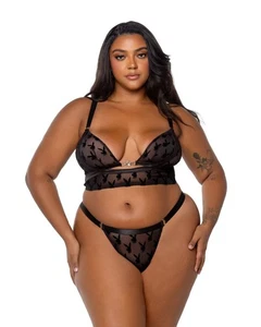 Plus Size Playboy Bunny Charm schwarz transparent Bralette & Tanga Höschen Dessous - Bild 1 von 11