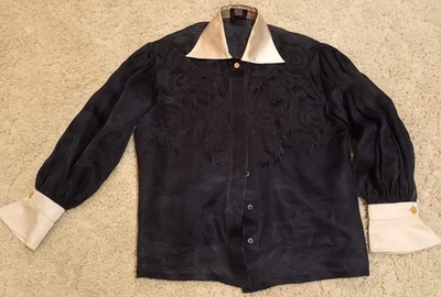 2X ESCADA COUTURE VINTAGE COCKTAIL SILK EMBROIDERED BLOUSE IN NAVY - Image 1 of 4