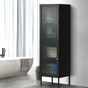 Oikiture Bathroom Cabinet Storage Tall Slim Cupboard Tempered Glass Door Black - Picture 1 of 10