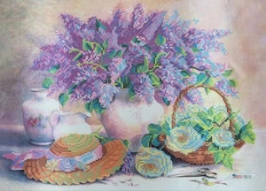 Schema ricamo perline natura morta primaverile lilla su tela modello stampato tk-051 - Foto 1 di 19