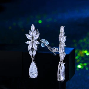 Versilberte CZ Blatt Tropfen Clip On Ohrringe ohne Piercing Ohrloch für Damen - Bild 1 von 7