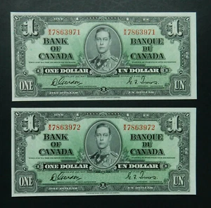 Canada $1, 1937 x2 UNC, consecutive serial numbers. Gordon - Towers - Picture 1 of 2