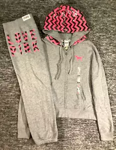 Victoria's Secret rosa Bling Chevron Hoodie mit durchgehendem Reißverschluss + Signaturhose M neu mit Etikett WOW - Bild 1 von 14