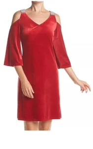MSK 0768 Talla 12 NUEVO Vestido de Terciopelo Rojo Brillante Cambio Hombro Frío Embellecido $79 - Imagen 1 de 10
