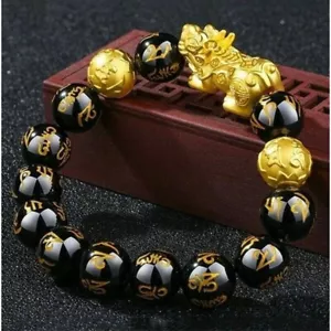 Feng Shui Black Obsidian Beads Bracelet Attract Wealth & Good Luck Bangle pixiu - Picture 1 of 8