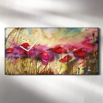Küche Wohnzimmer Wand Leinwand Uhr 60x30 Aquarellbilder Mohnblumen Kornblumen - Bild 1 von 4