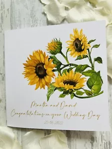 Handmade Personalised Sunflowers Mr & Mrs Wedding Day Card Bride Groom Date - Picture 1 of 3