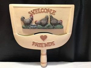 Tan Beige Ceramic *Welcome Friends* Chickens Rooster Wall Pocket - Picture 1 of 4