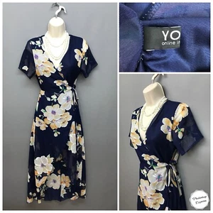 Yoins Stunning Navy Floral Asymmetric Wrap Dress UK 8-10 - Picture 1 of 12
