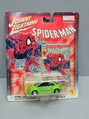 Johnny Lightning Green Marvel Spider Man 1998 VW Escarabajo con tarjeta de cómic. Curva. Foto 1 de 4