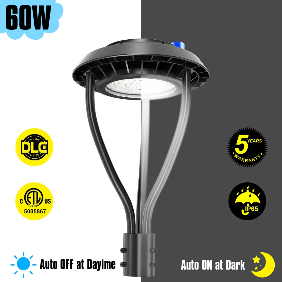 60W LED Post Top Light Outdoor Parking Lot Garden Pole Fixture Dusk to Dawn IP65 - Image 1 of 4