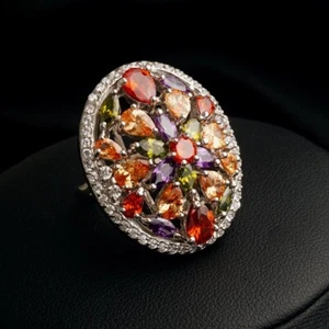 18k White Gold Plated Multicolor Big Bold Ring made w Swarovski Crystal Stone - Picture 1 of 13