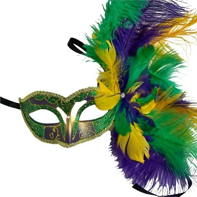 Linda y Elegante Máscara de Mascarada Púrpura Verde Amarillo Pluma Cisne Mardi Gras  Foto 1 de 4