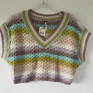 Free People Cropped Jumper Pullover Vest Knit Multicoloured Size XS Sleeveless - Picture 1 of 24