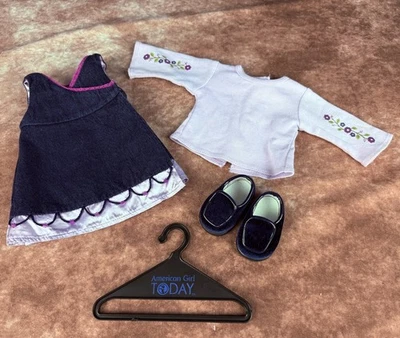 American Girl Doll Blue Denim Jumper,  matching Top, blue suede loafers, hanger  - Image 1 of 4
