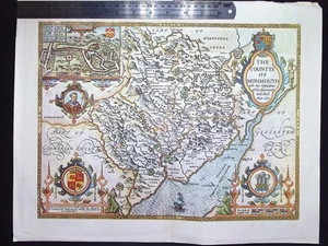The Countye of Monmouth Antique Coloured Map 1920's – Cartouche – Verso Text UK - Picture 1 of 11